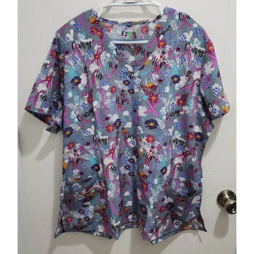 GT Performance Women's Short Sleeve V‎ Neck Scrub Top Breast Cancer Plus Size 2X